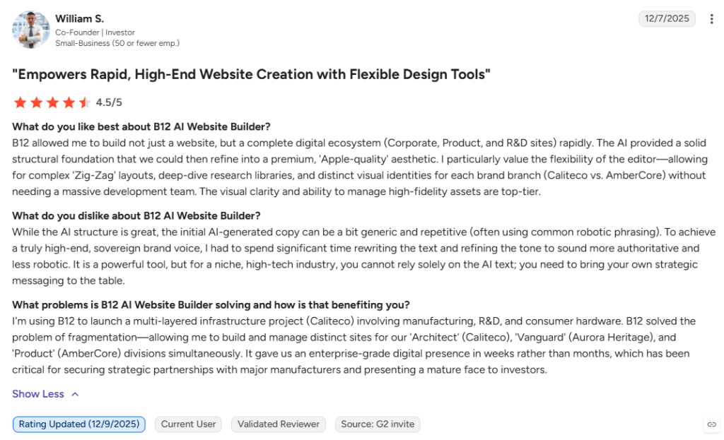B12 AI website builder-Review-G2