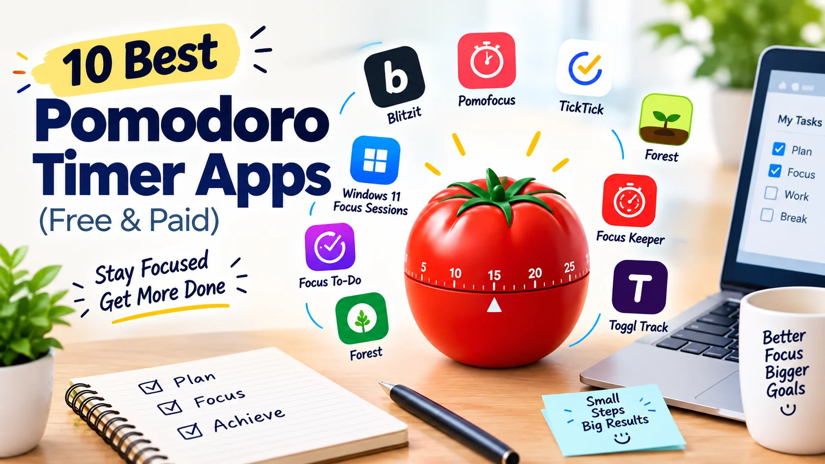 10 best Pomodoro timer apps, featuring a tomato-shaped timer, productivity tools, and a focused workspace.